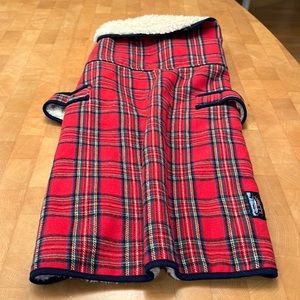 LL Bean, XL dog coat. Red plaid flannel & faux cream shearling lining. Worn once